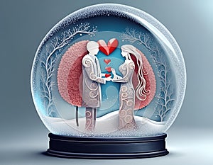 Loving couple inside romantic snow globe