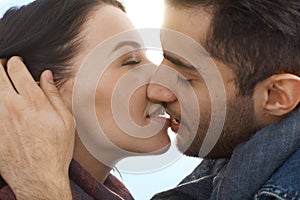 Loving couple kissing with passion