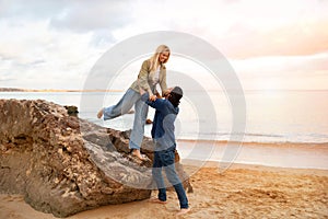 Loving Couple Laughing And Having Fun During Outdoor Date At The Beach