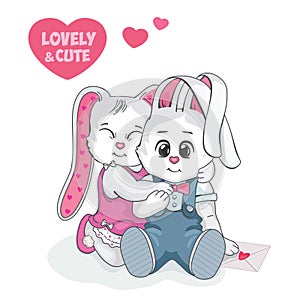 Loving couple. A lovely and cute Teddy Bunny. Valentine`s day postcard. Children`s cartoon illustration with white rabbits.