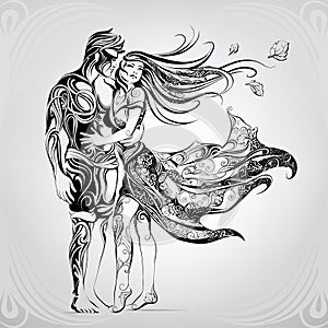 Loving couple in the ornament. vector illustration