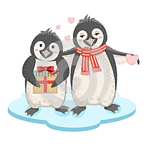 Loving couple of penguins with a gift and a heart. Cute characters in cartoon style. Valentine's Day.