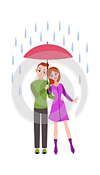 Loving couple in the rain. Romantic young people in love under umbrella, happy husband and wife characters hugging in