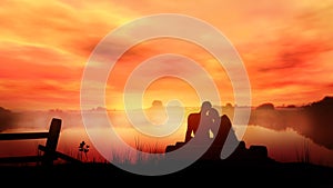 Loving couple on red sunset background