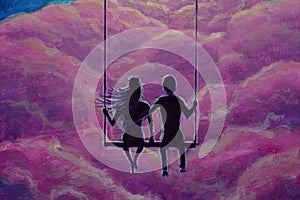 Loving couple ride on swing against backdrop of pink clouds fantasy art