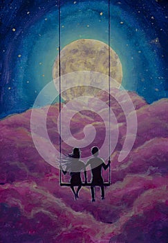 Loving couple ride on swing, male man and girl woman against background of big moon and clouds