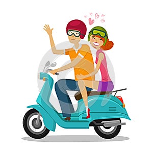 Loving couple riding scooter. Journey, travel concept. Cartoon vector illustration