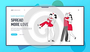 Loving Couple Romantic Relations Website Landing Page. Man Holding Woman on Hands, Hugging and Kissing