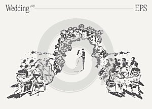 A loving couple's wedding day under the Bridal Archway. Hand drawn vector illustration, sketch.