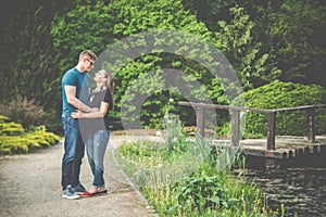 Loving couple in spring park, embracing