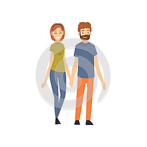 Loving Couple Standing and Holding Hands, Happy Family Vector Illustration