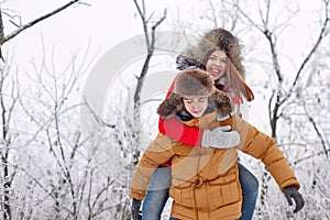 Loving couple of teenagers. Winter