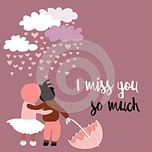 Loving couple with umbrella with clouds with raining hearts above them. Vector illustration on pink background. I miss you so much