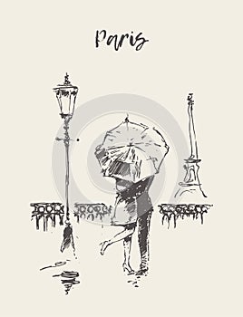 Loving couple under umbrella rain Paris vector
