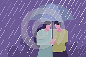 Loving couple walking in the rain holding umbrella