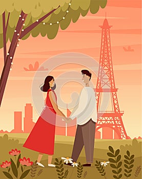 A loving couple walks in the park against the background of the eiffel tower. Valentines day banner. Romantic landscape