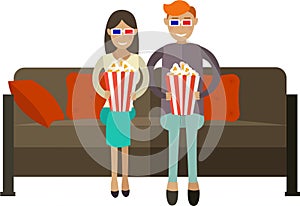 Loving couple watching movie on domestic cinema vector icon isolated on white