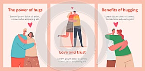 Loving Couples Hug Cartoon Banners, Romantic Relations Concept. Happy Men and Women Embracing and Hugging