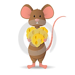 Loving cute little mouse, brown, holds cheese in the shape of a heart.