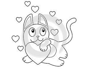 Loving, dreamy cat with hearts. Funny kitten hugs a big heart surrounded by small hearts - vector linear picture for coloring for