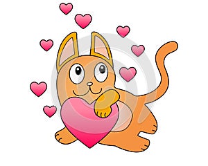 Loving, dreamy ginger cat with hearts. Funny red kitten hugs a big pink heart surrounded by small hearts - vector full color illus