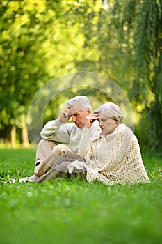 Portrait of loving elderly couple sitting on green grass in the summer park