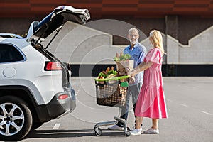 Loving elderly couple standing next to car with grocery packages