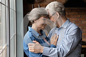 Loving elderly retired mature family couple cuddling near window.