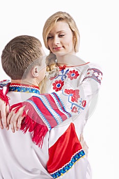 Loving Embraced Caucasian Couple Posing in national Russian and