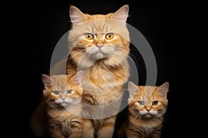 Loving Family of Yellow Cats with Kitten in Studio on Black Background