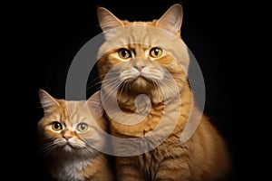 Loving Family of Yellow Cats with Their Kitten in a Studio on Black Background