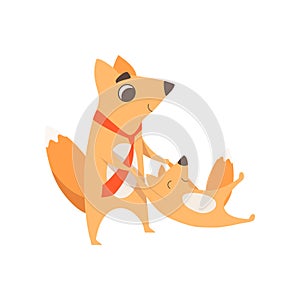 Loving father fox playing with his little baby, animal family, parenting concept vector Illustration