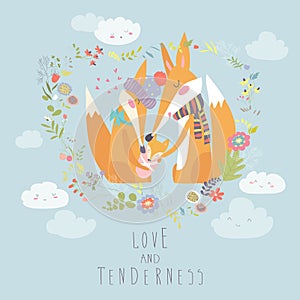 Loving fox family as a shape of a heart. Mother, father and baby child.