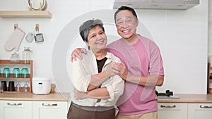 Loving happy Asian senior couple hugging at home