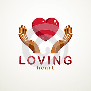 Loving Heart simple vector logo or icon created with red glossy heart sign .