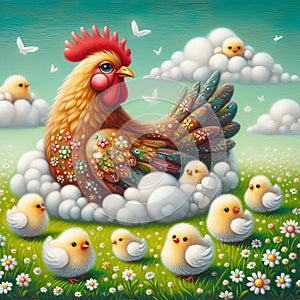 A loving hen with ornate feathers surrounded by fluffy chicks in a blooming meadow