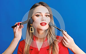 Loving her new style. hair beauty and hairdresser salon. jewelry earrings. Girl in red jacket. beauty and fashion