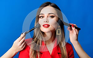 Loving her new style. hair beauty and hairdresser salon. jewelry earrings. Girl in red jacket. beauty and fashion