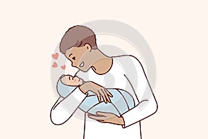 Loving man holds newborn baby in arms and smiles enjoy communication with own son. Vector image