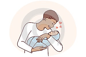 Loving man holds newborn baby in arms and smiles enjoy communication with own son. Vector image