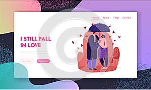 Loving Man and Woman Dating Outdoor Website Landing Page. Happy Couple Hugging, Holding Hands and Walking