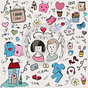 Loving married couple. Happy valentine. 14 february doodle. Hearts and Love. Married couple. Cartoon vector Doodle illustration