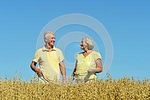 Loving mature couple in field at summer