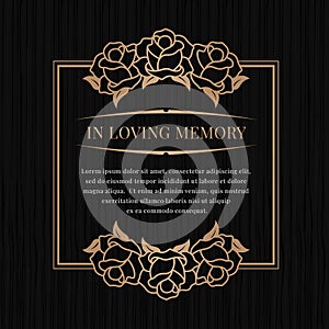 In loving memory banner with brown bronze rose frame on black texture background vector design