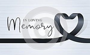 In loving memory text and black heart ribbon sign on soft light wood texture background vector design photo