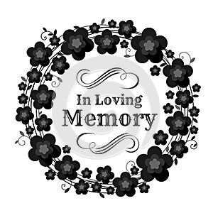 In loving memory text in circle Vine wreath and black flowers frame vector deisgn photo