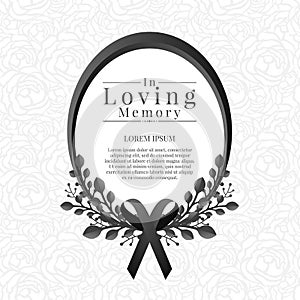 In loving memory text in Oval frame with leaf bouquets and black ribbon on abstract rose texture background photo