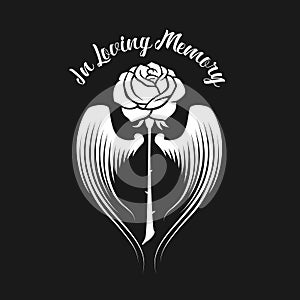 In loving memory text and rose with wings on black background vector design photo