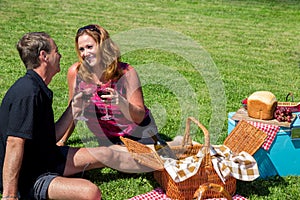 Loving middle aged couple having a picnic in the summer