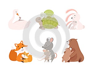 Loving mom animals hugging cubs set. Cute parent and baby animal. Families of goose, turtle, rabbit, fox, mouse, bear